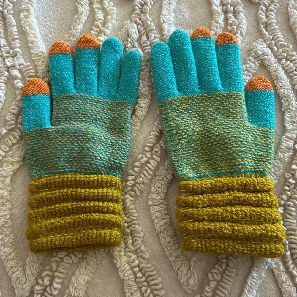 Colorful Knit Gloves with Orange Tips
